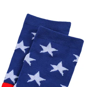 Close-up of blue knit socks with white star patterns for US Independence Day celebration