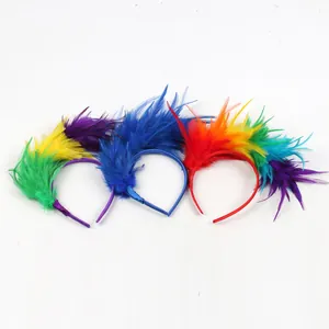 Close-up of vibrant feather headbands in rainbow colors for festival parties