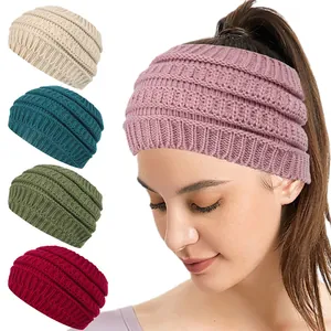 Wide knitted winter headband for women with ponytail opening in various colors