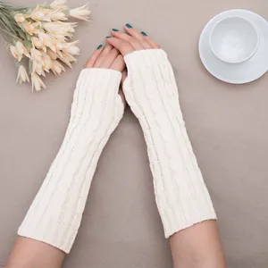 Off-white cable knit fingerless arm warmers for autumn and winter warmth