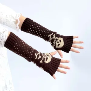 Women Gothic Skull Pattern Knitted Fingerless Long Gloves Punk Winter Warm Jacquard Arm Sleeves Mitten For Halloween Party