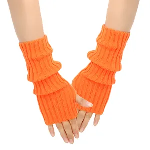 Bright orange knitted fingerless arm warmers with ribbed texture for women and JK style
