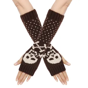 Warm knit fingerless long gloves with white skull pattern on dark brown acrylic yarn