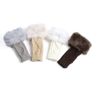 Detailed close-up showing four colors of knitted arm warmers with thick faux fur cuffs