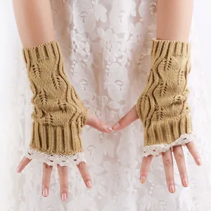 Women Fingerless Knitted Gloves Lace Trim Cable Knit Crochet Warm Wrist Warmers Winter Solid Color Half Finger Mittens