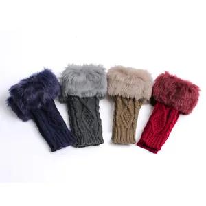 Close-up of cable-knit fingerless gloves with thick faux fur trim in four winter colors