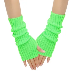 Neon green knitted fingerless gloves and arm warmers for hip-hop and JK style fashion