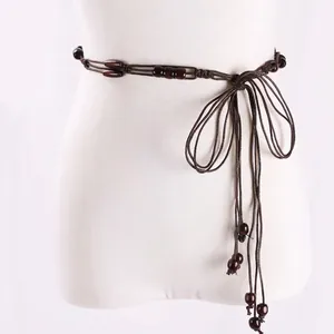 Dames Handgeweven Slanke Riem Vintage Boheems Kwastje Taille Touw Lichaamsketting Met Houten Kralen Decoratieve Knoop Riem