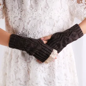 Women's fingerless cable knit gloves with elegant white lace trim in coffee brown color