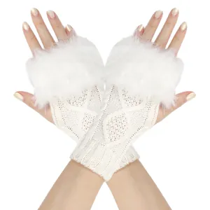 Detailed view of white knitted fingerless gloves featuring soft faux fur trim and diamond pattern
