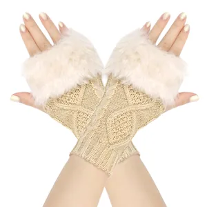 Detailed macro view of beige knit fingerless gloves with soft white faux fur trim