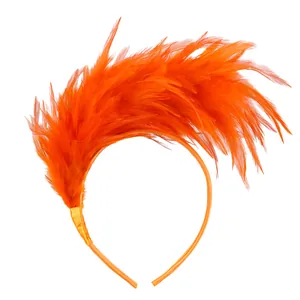 Close-up detail showing the vibrant orange feathers of this festive Carnival party headband.