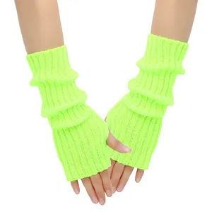 Vibrant neon green knitted fingerless arm warmers in JK style for fashion women