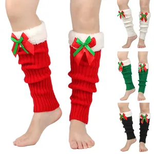 Christmas Leg Warmers Acrylic Knit Faux Fur Trim Bowknot Winter Warm Thigh High Socks Boot Cuffs For Women Holiday Party