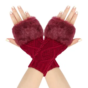 Detailed view of burgundy knit fingerless gloves with luxury plush faux fur trim detail