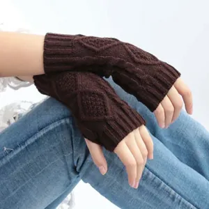 Cozy dark brown cable knit fingerless gloves for women students warm winter wrist warmers