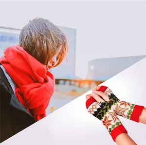 Close-up of high-quality knitted fingerless winter gloves with colorful snowflake patterns.