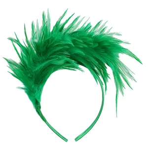 Detailed view of vibrant green feather headband for carnival and festive party costumes
