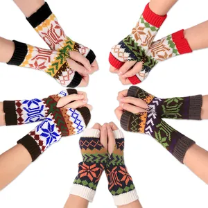Winter Knitted Snowflake Half Finger Gloves Warm Fingerless Arm Sleeves Crochet Wrist Warmers Nordic Pattern Sleeves For Women