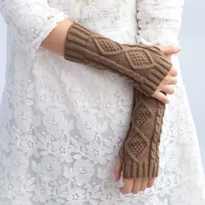 Stylish cocoa brown cable knit fingerless arm warmers and gloves for cozy winter wear
