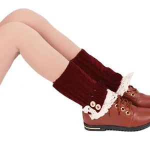 Burgundy cable knit leg warmers with delicate lace trim and wooden buttons detail