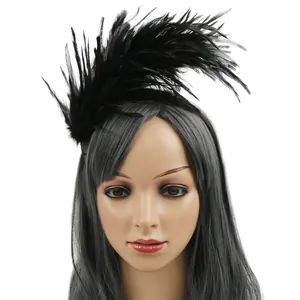 Close-up detail of black feather headband fascinator for party costume styling and carnival
