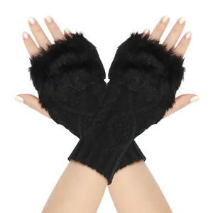 Detailed view of black knitted fingerless gloves featuring soft faux fur trim cuffs