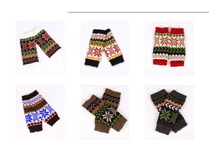 Selection of colorful winter snowflake knitted fingerless arm warmers in six unique patterns