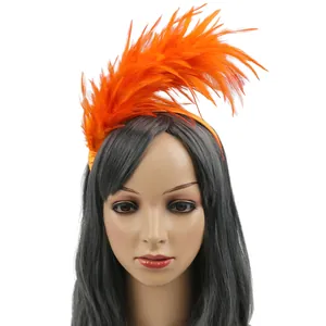 Vibrant orange feather headband displayed on a mannequin head for carnival and party