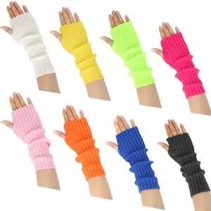 Colorful ribbed knit fingerless gloves and arm warmers for women in various vibrant neon shades.