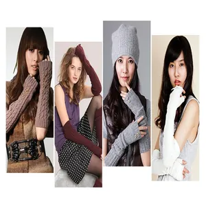 Multiple colors of cable knit fingerless long gloves shown on models for winter warmth
