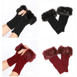 Soft faux fur trim fingerless knitted gloves in black and burgundy winter style gear