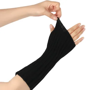 Stylish black knitted fingerless arm sleeves for women with high elastic rib design