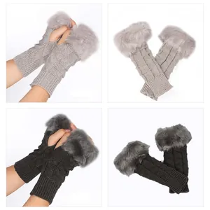 Detailed view of knitted fingerless gloves with soft faux rabbit fur trim in two colors