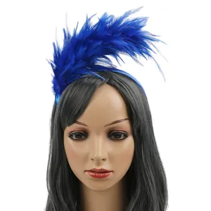 Detail view of vibrant blue feather headband accessory for carnival and party wear