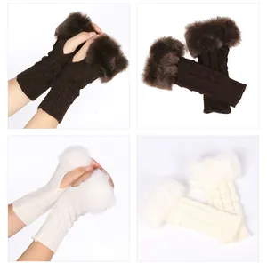 Detailed view of knitted fingerless gloves with soft faux fur trim in brown and white