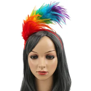Detailed view of colorful rainbow feather headband worn on mannequin head for carnival