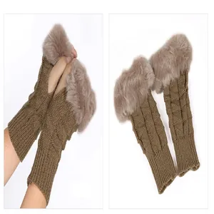 Brown knit fingerless gloves with fluffy faux fur trim for autumn and winter warmth