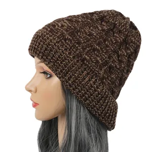 Side view of brown cable knit beanie hat on mannequin head