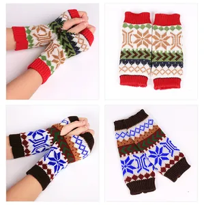 Winter knitted fingerless gloves with snowflake pattern, warm arm warmers for women