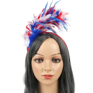 Detail view of red, white, and blue feathered headband for carnival and party