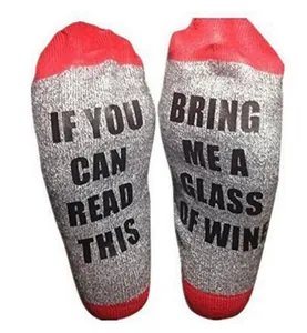 Detailed view of grey cotton socks featuring funny wine themed English letter print on soles