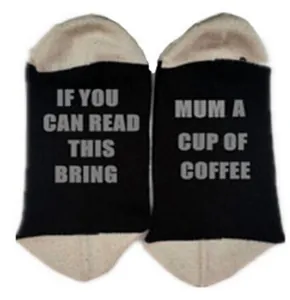 Funny black and beige cotton socks detail featuring 'Bring mum a cup of coffee' text print