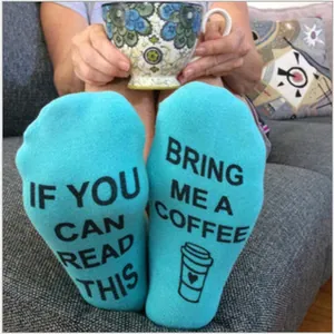 Novelty blue socks with funny 'If You Can Read This Bring Me A Coffee' text details