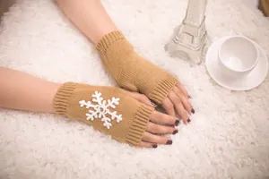 Detailed view of camel knitted fingerless gloves with white snowflake embroidery for winter