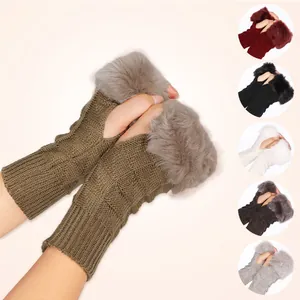Women's Winter Cable Knit Half Finger Gloves With Soft Faux Fur Trim Warm Acrylic Mittens For Typing Driving