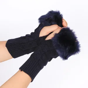 Navy blue knitted fingerless gloves with soft faux rabbit fur trim for winter warmth