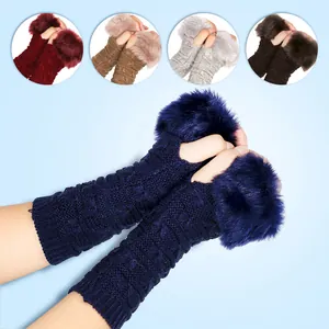 Women's Winter Warm Half Finger Gloves Cable Knit Faux Fur Cuff Arm Warmer Butterfly Pattern Acrylic Fingerless Gloves