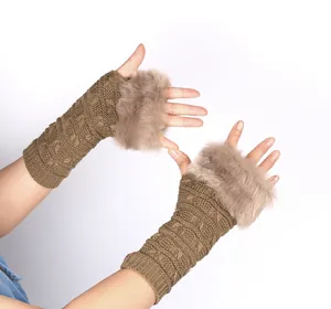 Women's winter knitted fingerless gloves with faux fur trim and textured pattern