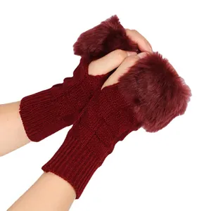 Wine red knitted fingerless gloves with soft faux rabbit fur trim for autumn winter warmth